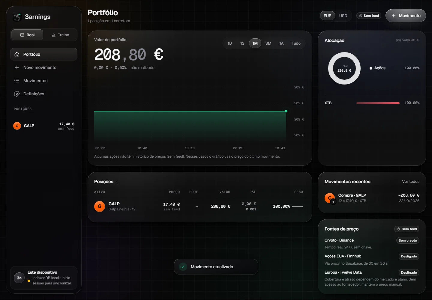 Painel do portfólio com gráfico de valor, alocação e posições