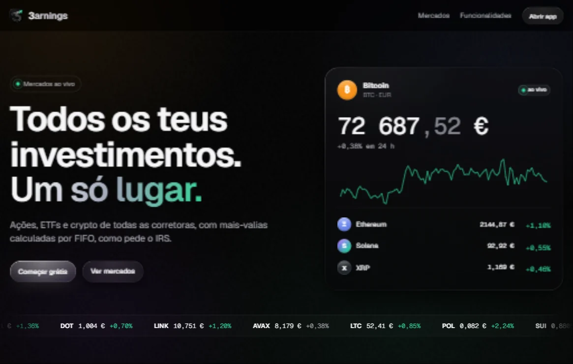 Página inicial do 3arnings: título, cartão do Bitcoin ao vivo e faixa de preços